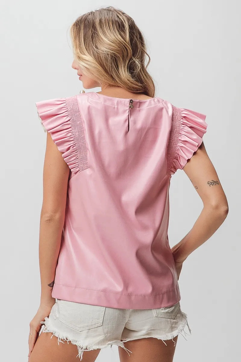 BiBi Leather Smocked Ruffled Top