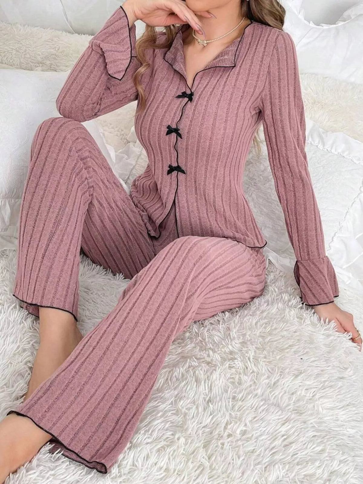 Contrast Bow Detail Top and Pants Lounge Set