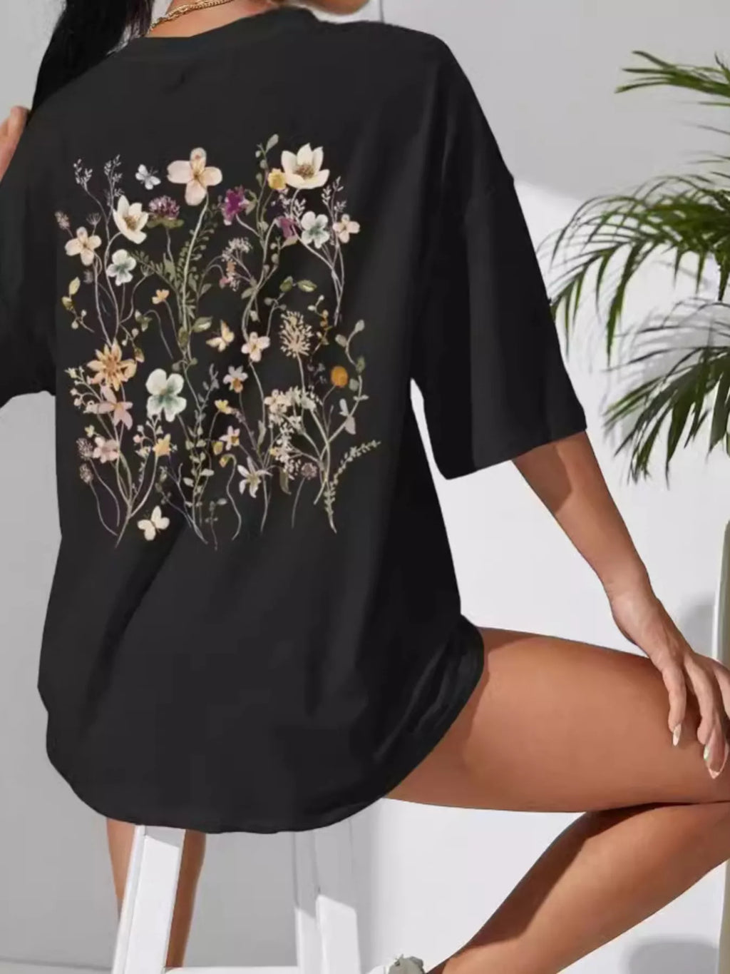 Full Size Floral Short Sleeve Casual T-Shirt Plus Size