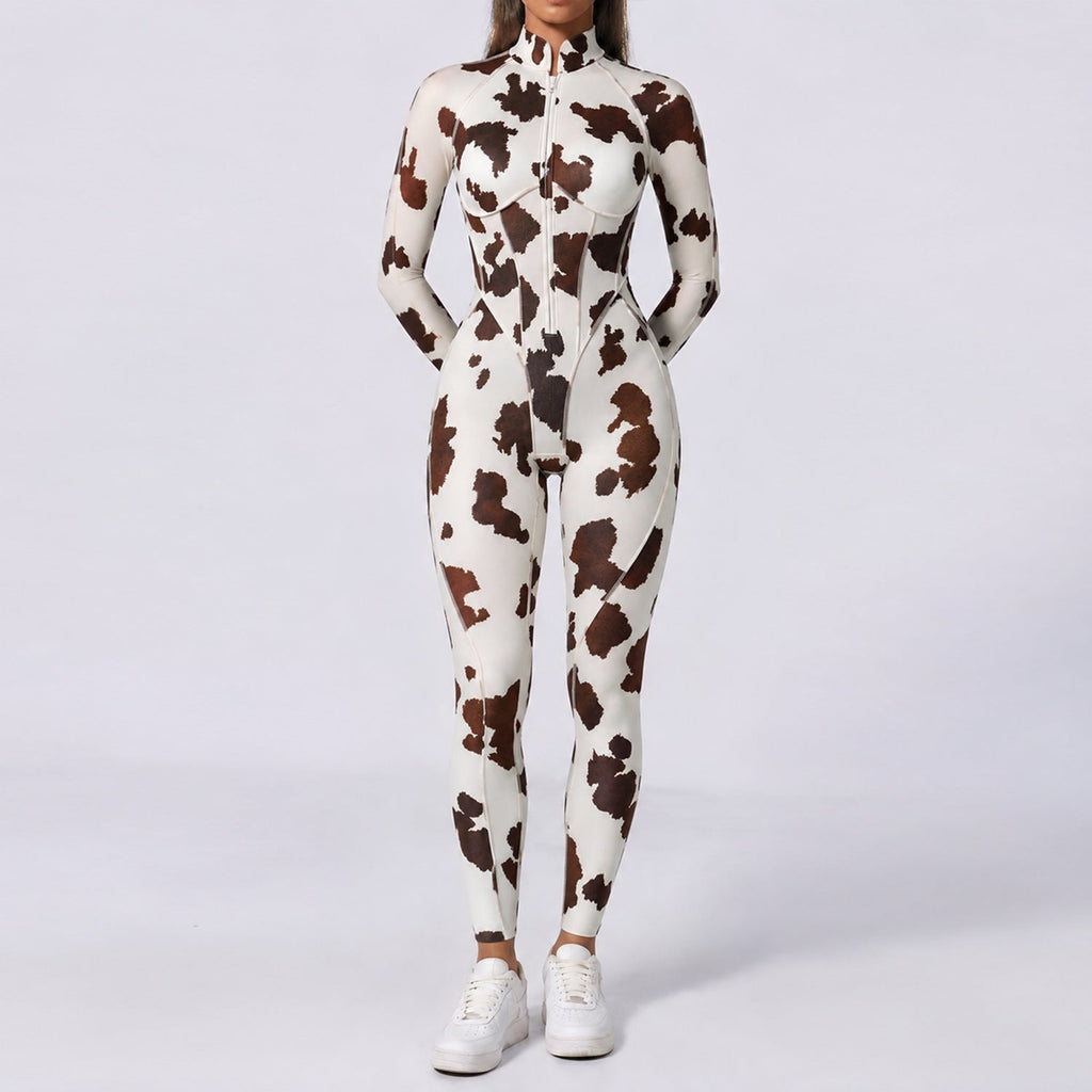 Trendy Leopard-Print Half-Zip Stand-Neck Long-Sleeve Womens Jumpsuit