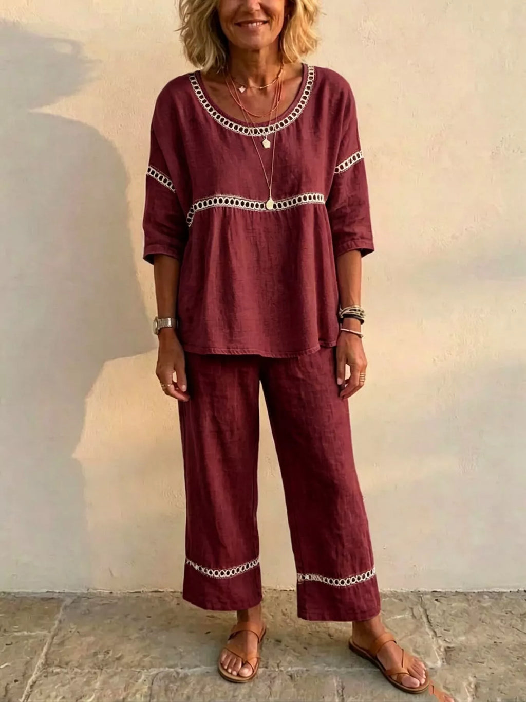 Full Size Hollow-Out Detailing Top and Pants Set Plus Size