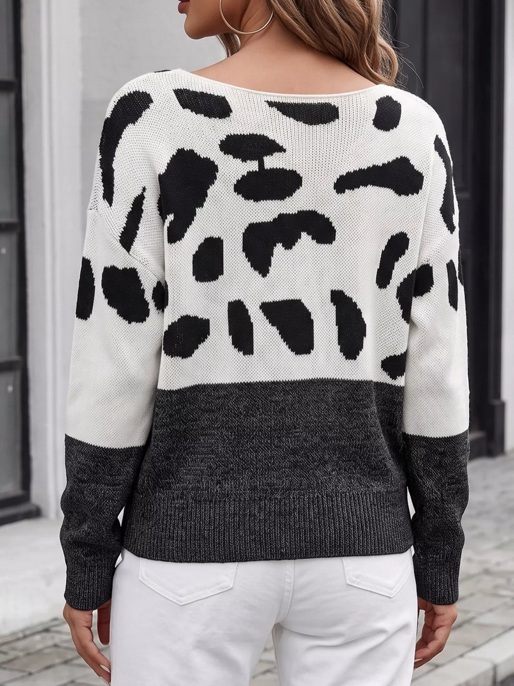 Full Size Off-Shoulder Colorblock Animal Print Sweater Plus Size