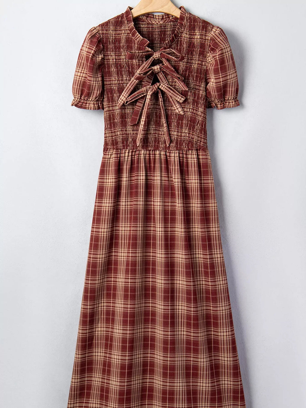Plaid Knot Front Smocked High Waist Midi Dress