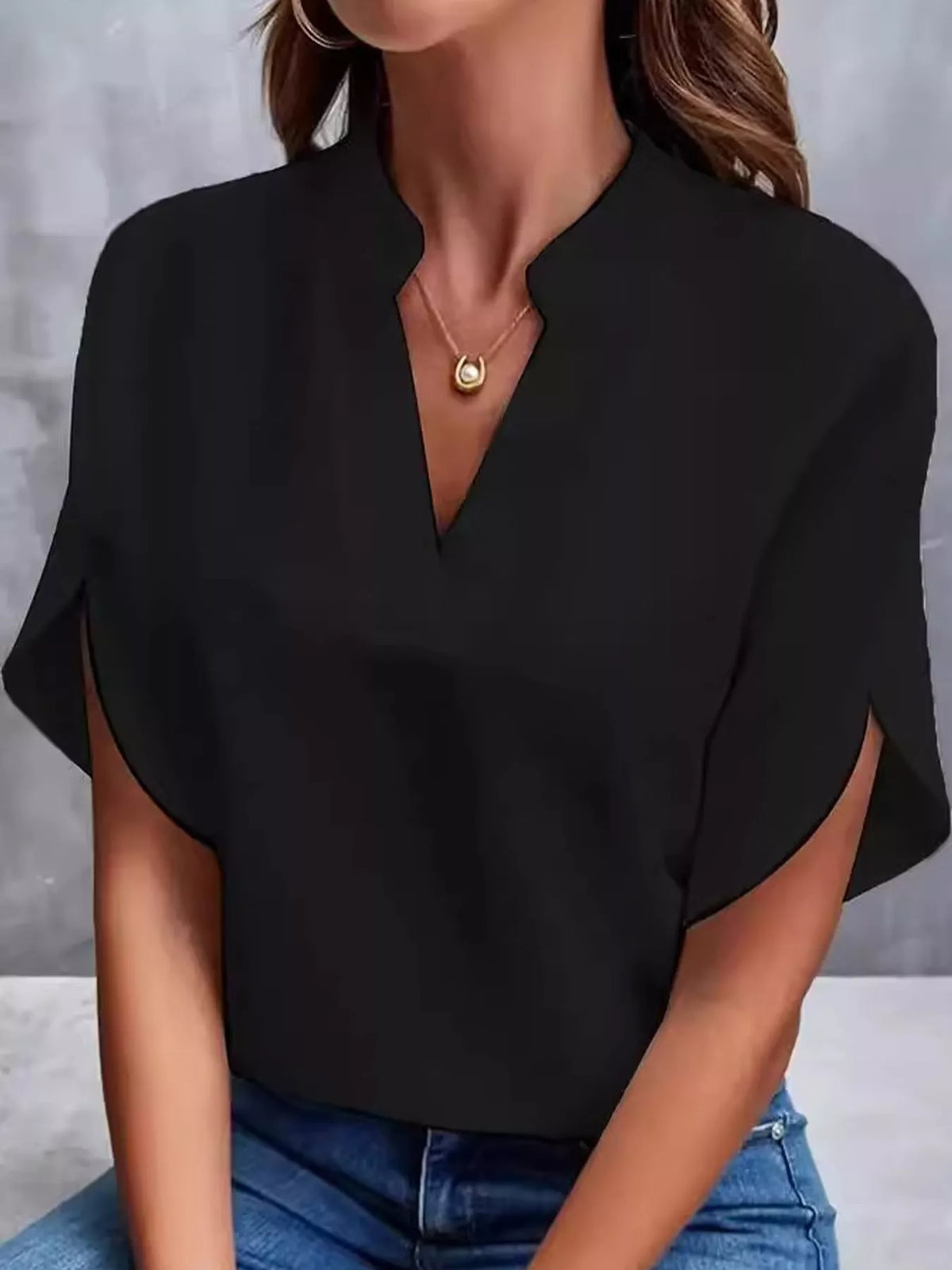 Notched Slit Short Sleeve Blouse