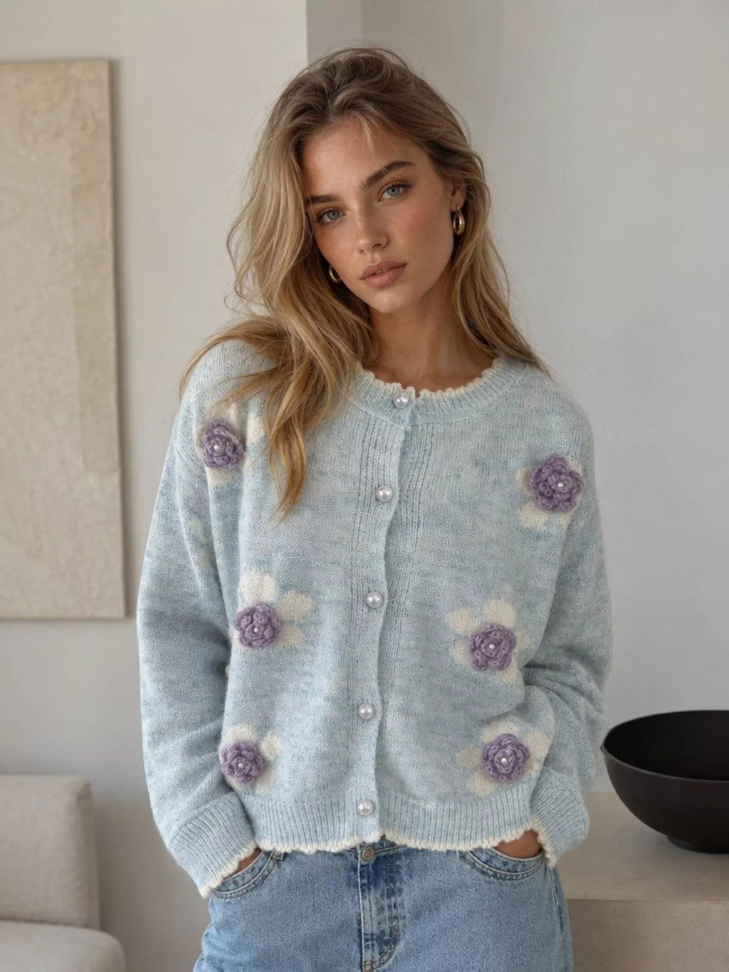 Floral Applique Button-Down Knit Cardigan