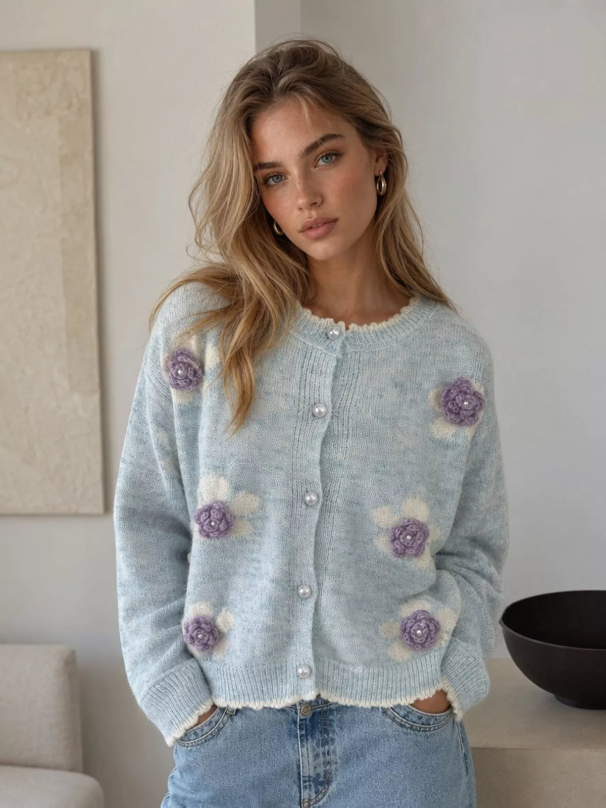 Floral Applique Button-Down Knit Cardigan