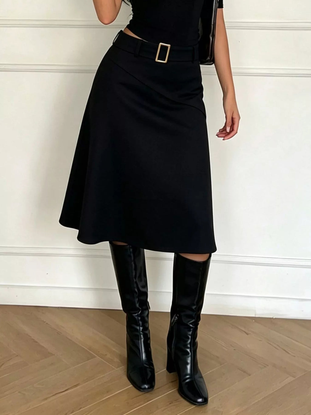 High-Waisted A-Line Midi Skirt with Belted Detail