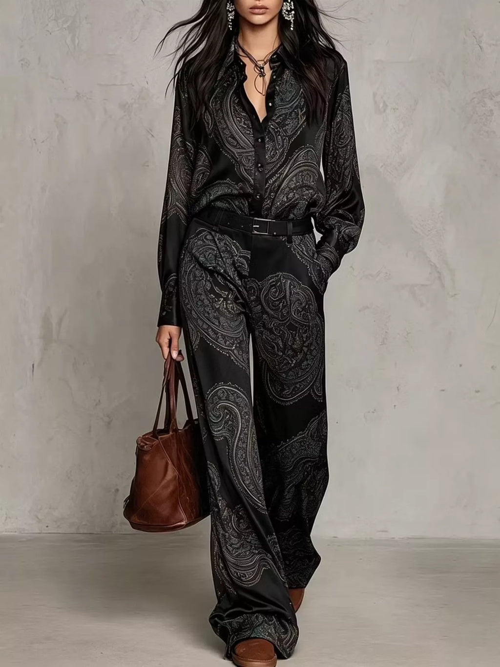 Paisley Print Long Sleeve Shirt and Wide-Leg Pants Set