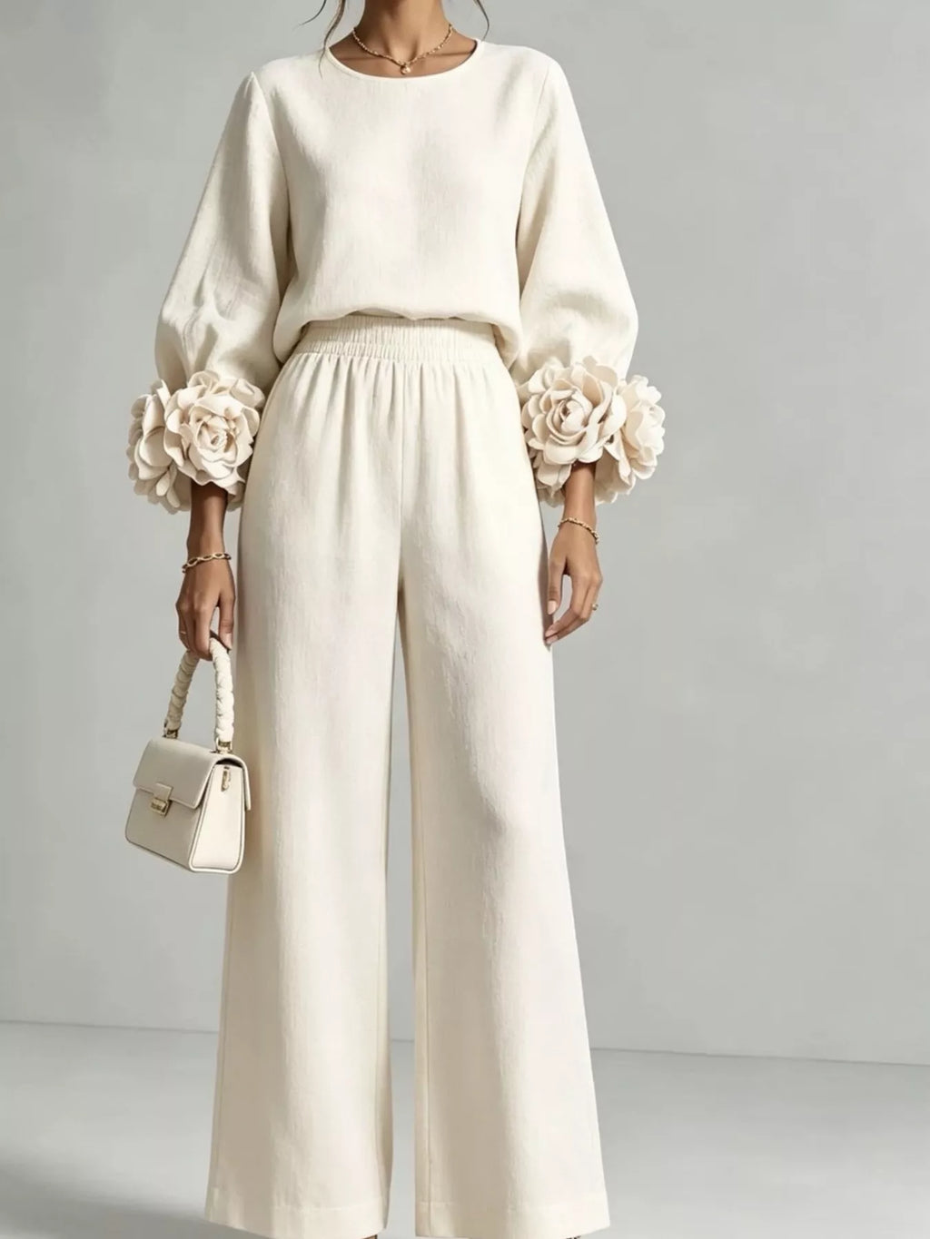 Full Size Floral Cuffs Top and Wide Leg Pants Set Plus Size