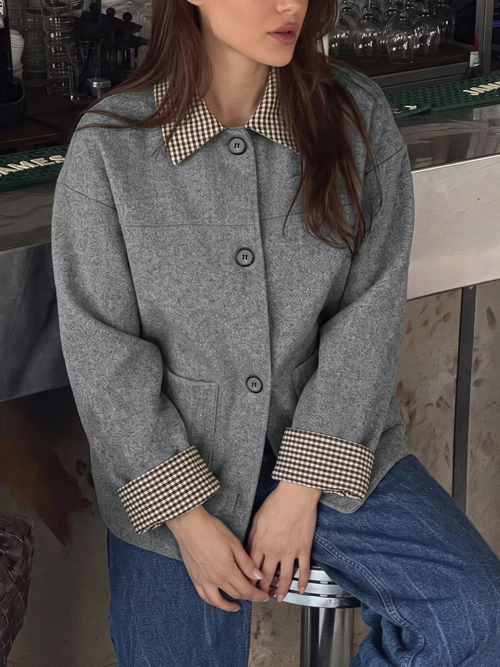 Button-Down Outerwear with Gingham Contrast Details