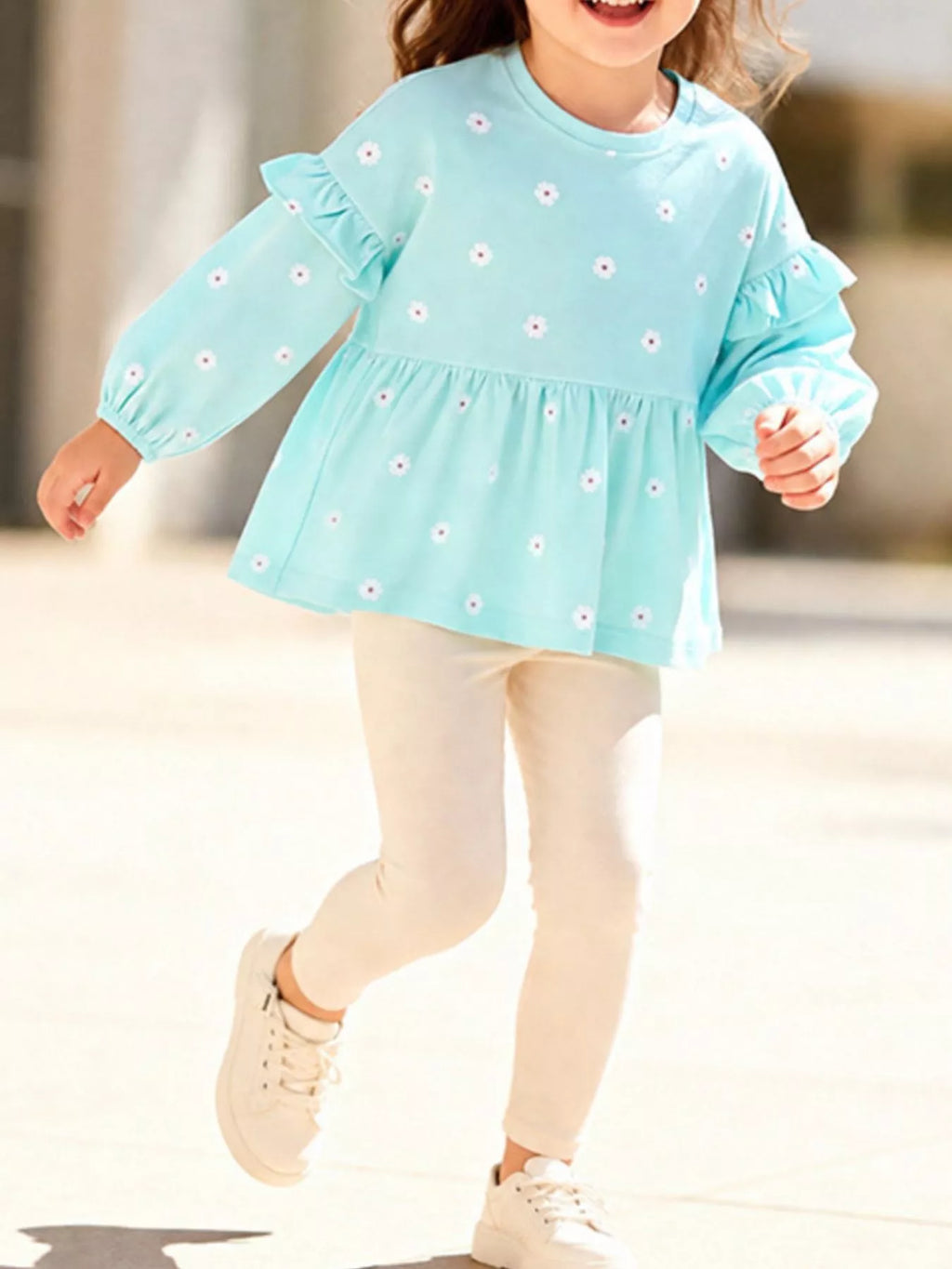 Children's Flower Balloon Sleeve Peplum Top and Pants Set