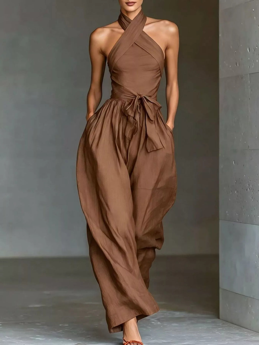 Halter Neck Wide-Leg Jumpsuit with Waist-Tie Detail