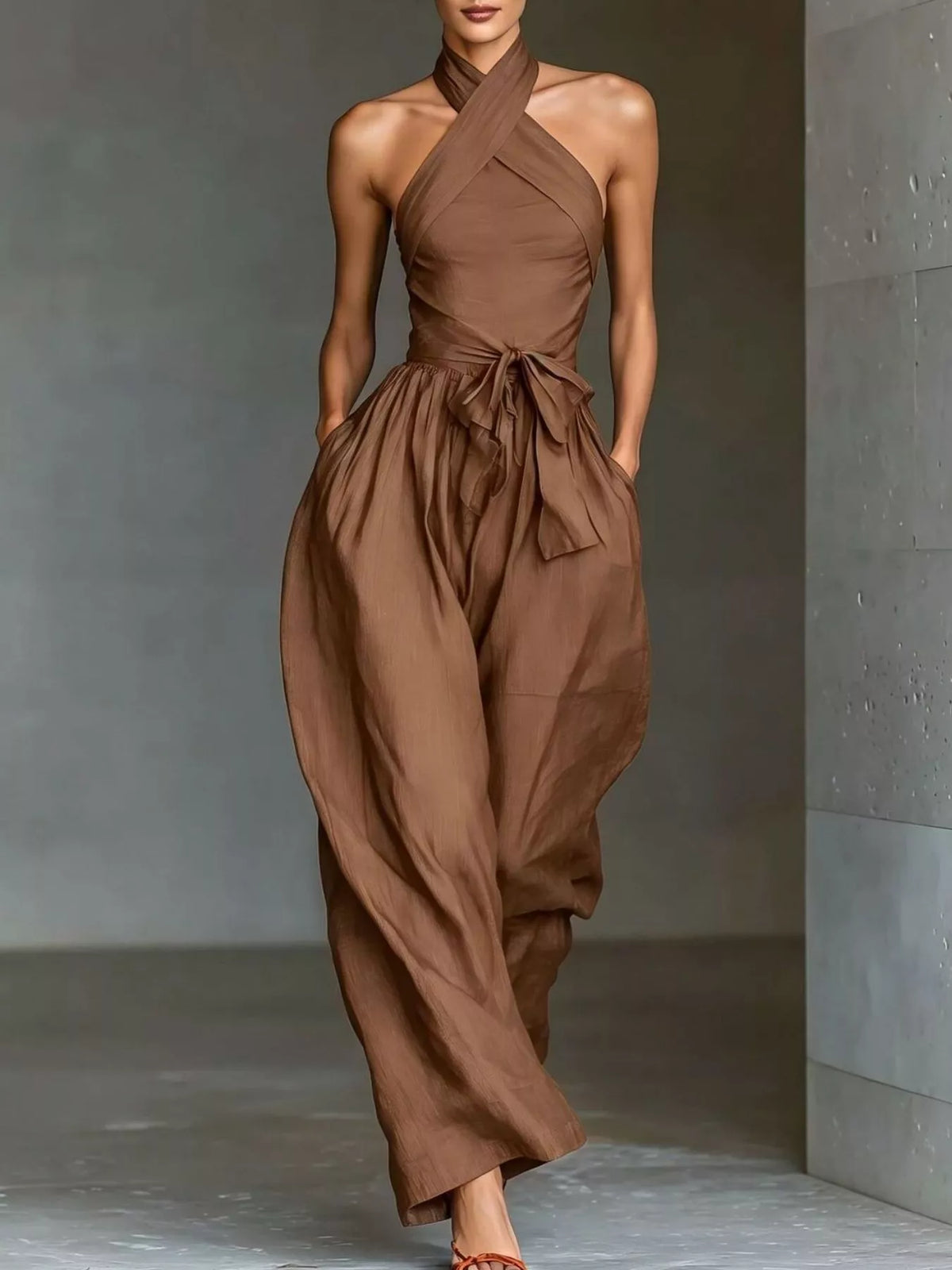 Halter Neck Wide-Leg Jumpsuit with Waist-Tie Detail