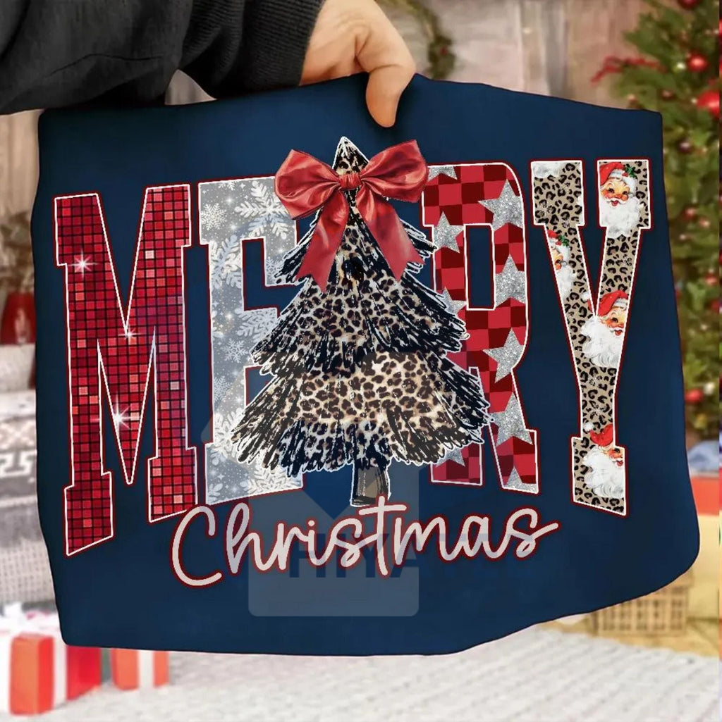 Coquette Merry Christmas Shirt: Checkered Star Leopard Letters
