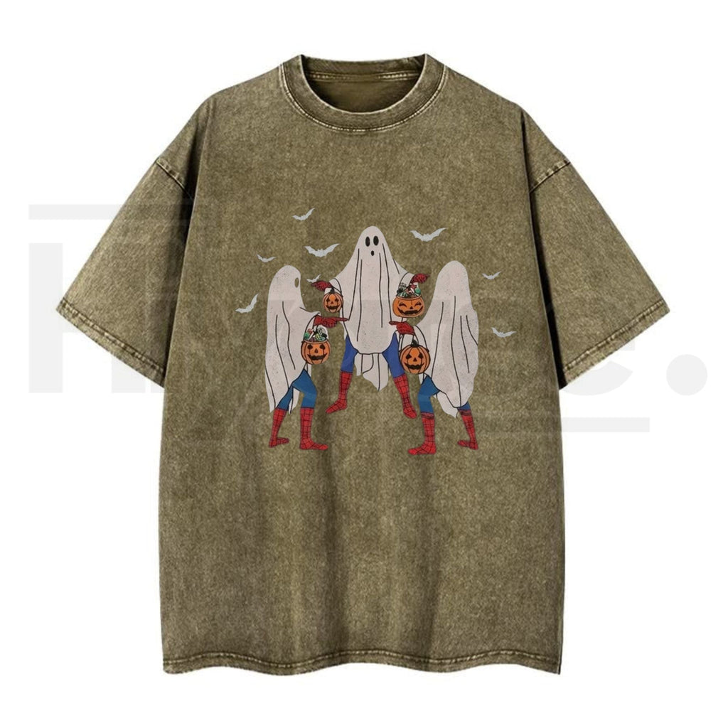 Meme Bedsheet Ghost Pumpkin Bucket Halloween T-Shirt – Vintage Washed Grunge Streetwear Cotton Tee