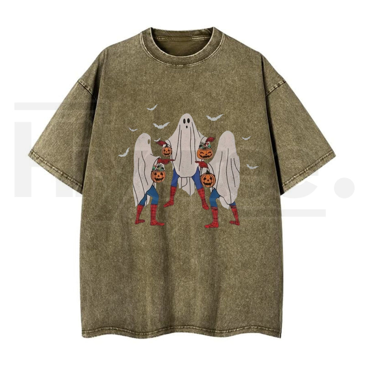 Meme Bedsheet Ghost Pumpkin Bucket Halloween T-Shirt – Vintage Washed Grunge Streetwear Cotton Tee
