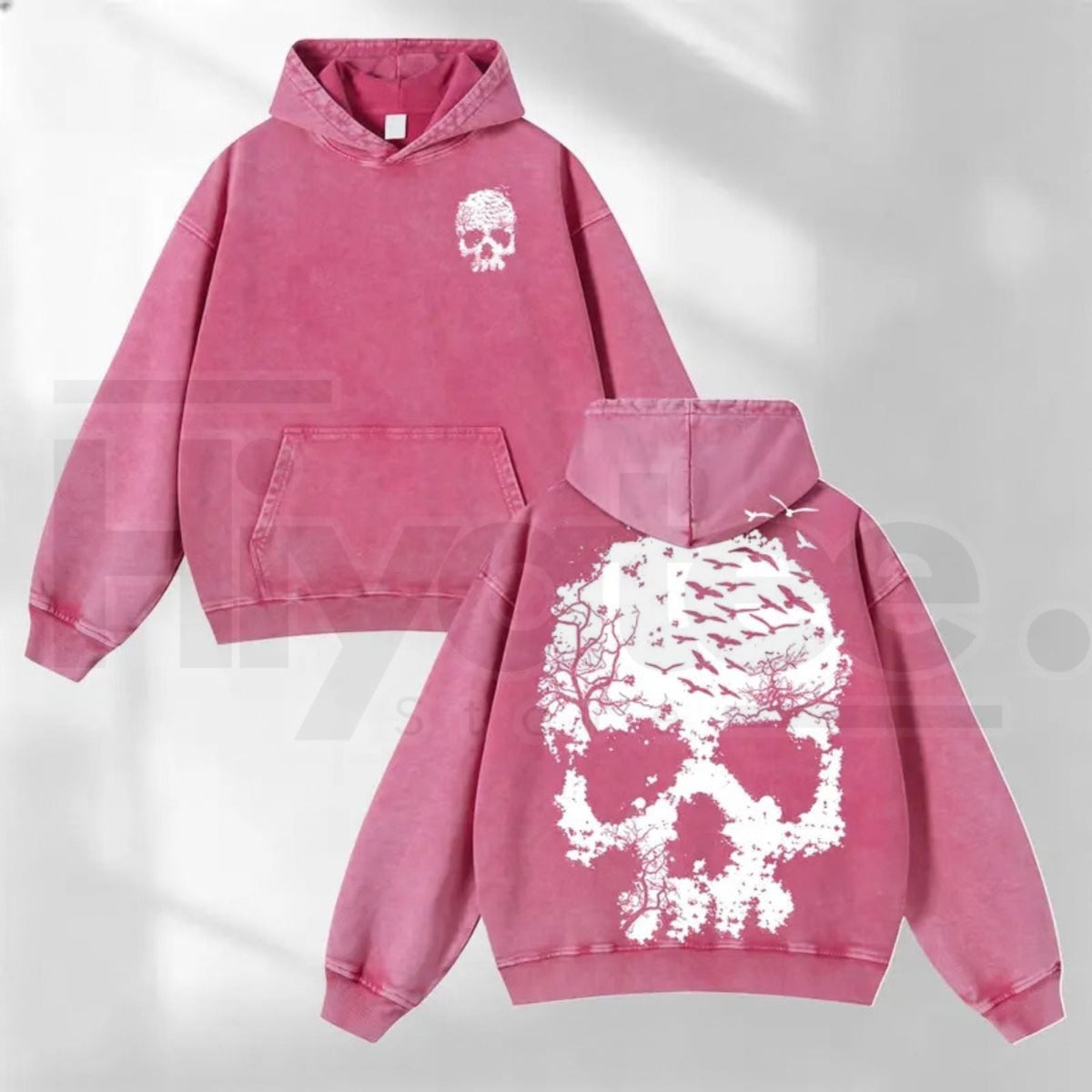 Vintage Washed Skull Print Hoodie – Distressed Skeleton Graphic, Minimal Dark Aesthetic Oversized Sweatshirt