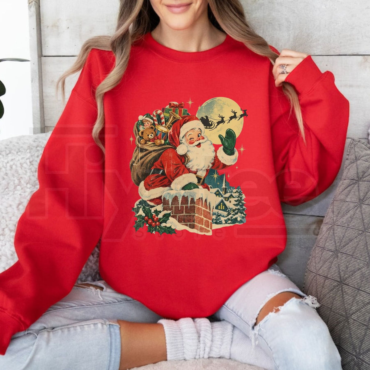 Vintage Santa Claus Chimney Sweatshirt, Retro Reindeer Holiday Graphic Pullover
