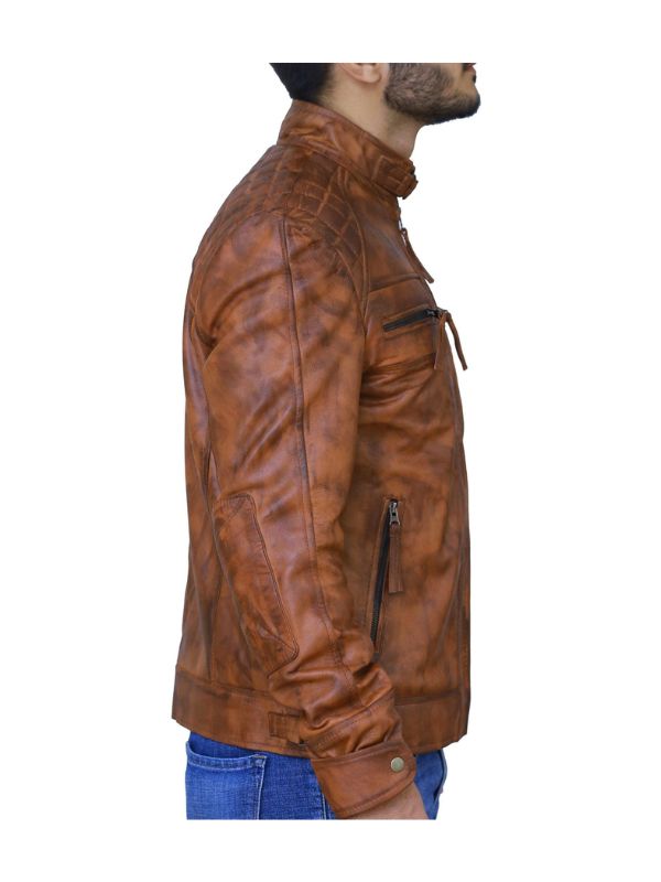 Men's Brown Tan Diamond Leather Biker Jacket