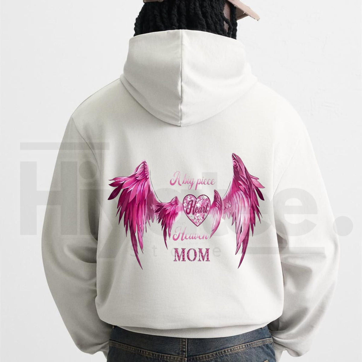 Women’s A Big Piece Of My Heart Lives In Heaven Mom Memorial Back Print Hoodie – Pink Angel Wings Heart Graphic Sweatshirt