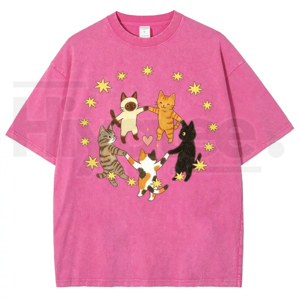 Five Holding Hands Circle Cats Yellow Star Heart Vintage Washed Tee – Y2K Aesthetic Cute Graphic Shirt