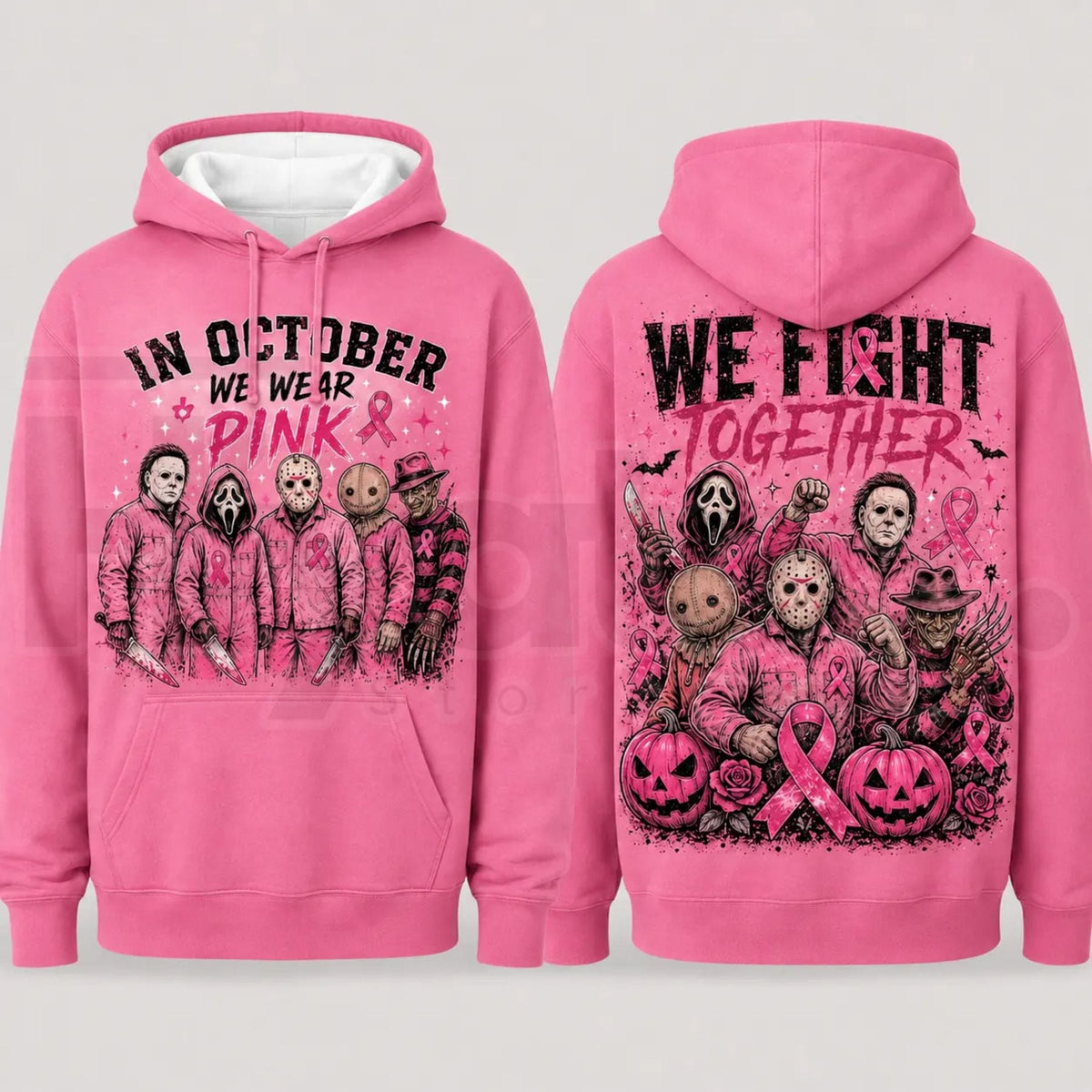 Pink Horror October Hoodie – In October We Wear Pink Scary Movie Character Pumpkin Bat Graphic Pullover