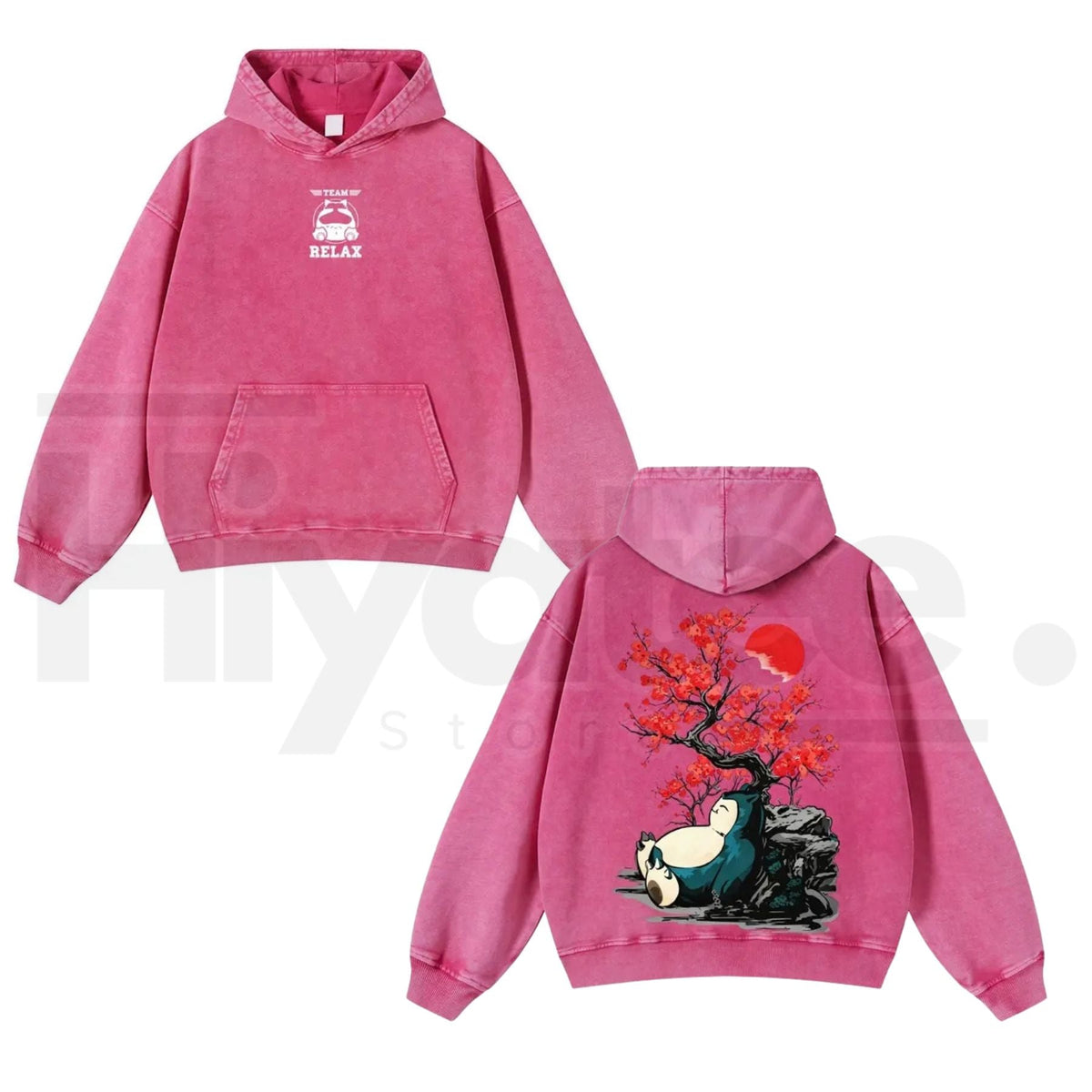 Japanese Red Plum Blossoms & Plump Beast Hoodie – Ink-Wash Art, Y2K Vintage Washed