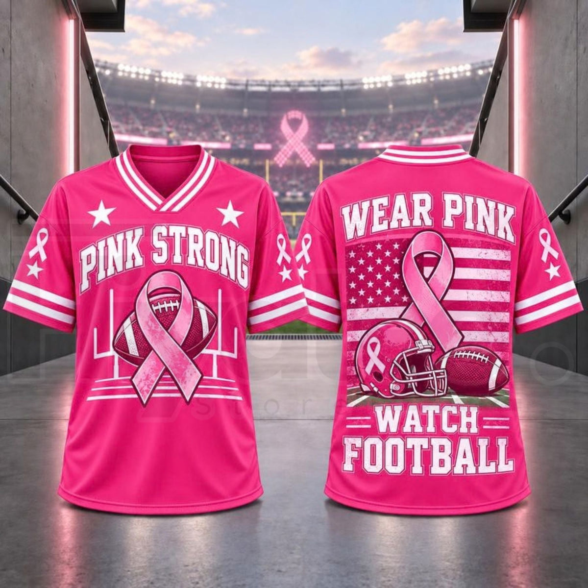 Breast Cancer Awareness Football Jersey – Pink Ribbon V-Neck Game Day Top