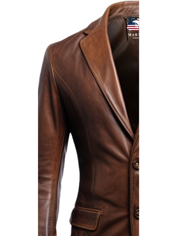 Men's Dark Brown Leather Blazer with Distressed Finish