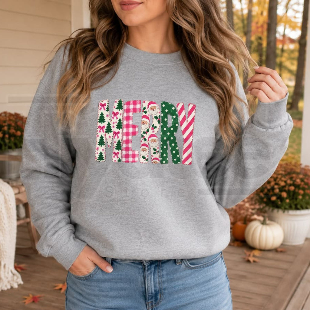 Retro Pink Merry Christmas Sweatshirt, Polka Dot Tree & Vintage Santa Graphic Pullover