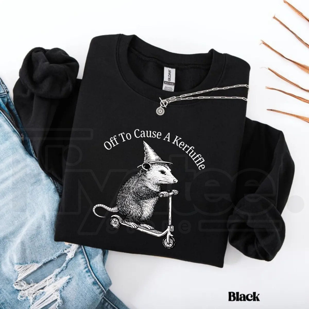 Off To Cause A Kerfuffle Sweatshirt: Funny Opossum Scooter Mental Health Sweater