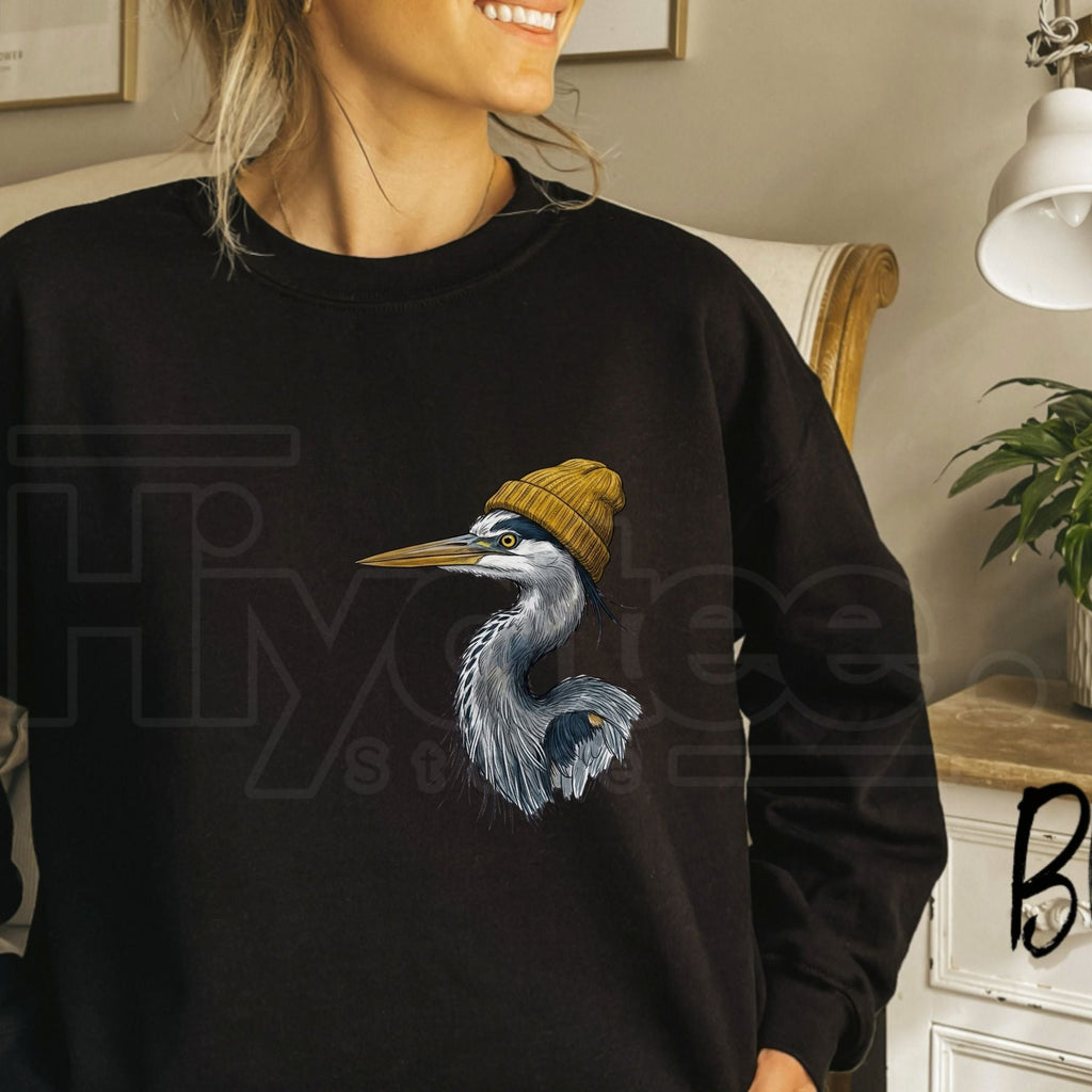 Retro 90s Great Blue Heron In Beanie Sweatshirt, Vintage Birdwatching Graphic Pullover