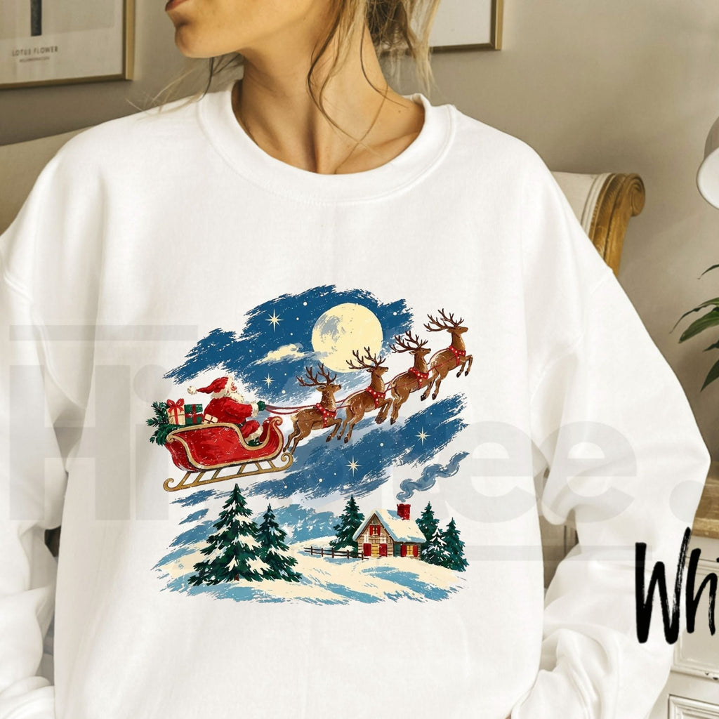 Vintage Santa Sleigh Reindeer Christmas Sweatshirt, Snowy Cottage Winter Holiday Pullover