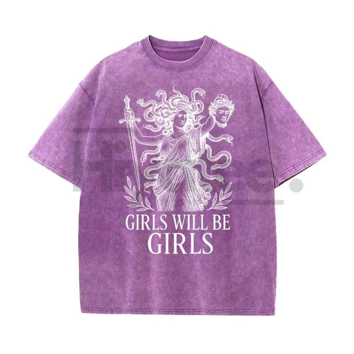 Girls Will Be Girls Medusa T-Shirt – Vintage Washed Graphic Tee, Lightweight Retro Greek Mythology Streetwear, Unisex Oversized Top