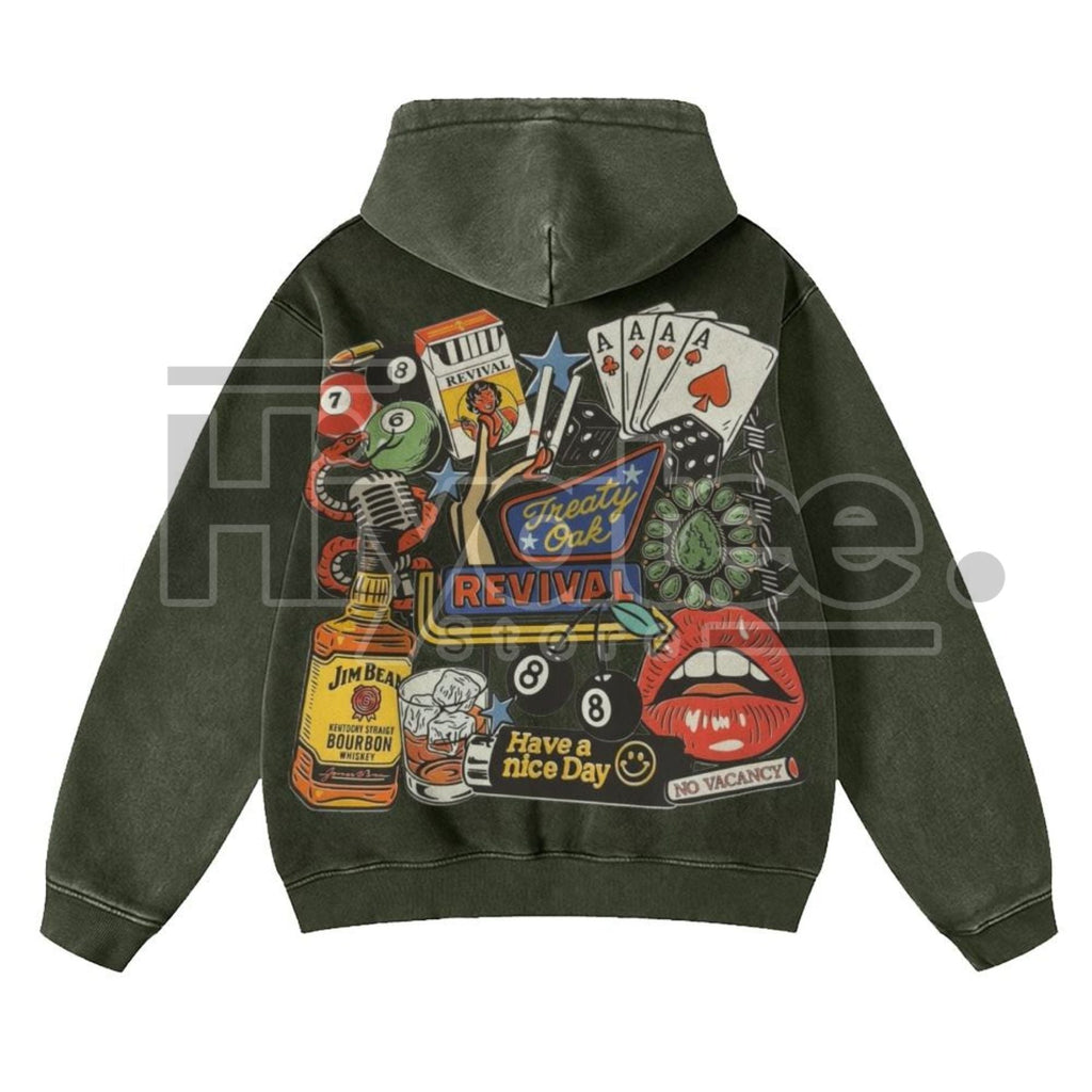 Retro Treaty Oak Revival Western Hoodie – Vintage Bar Cowboy Graphic, Thick Pure Cotton, Loose Fit