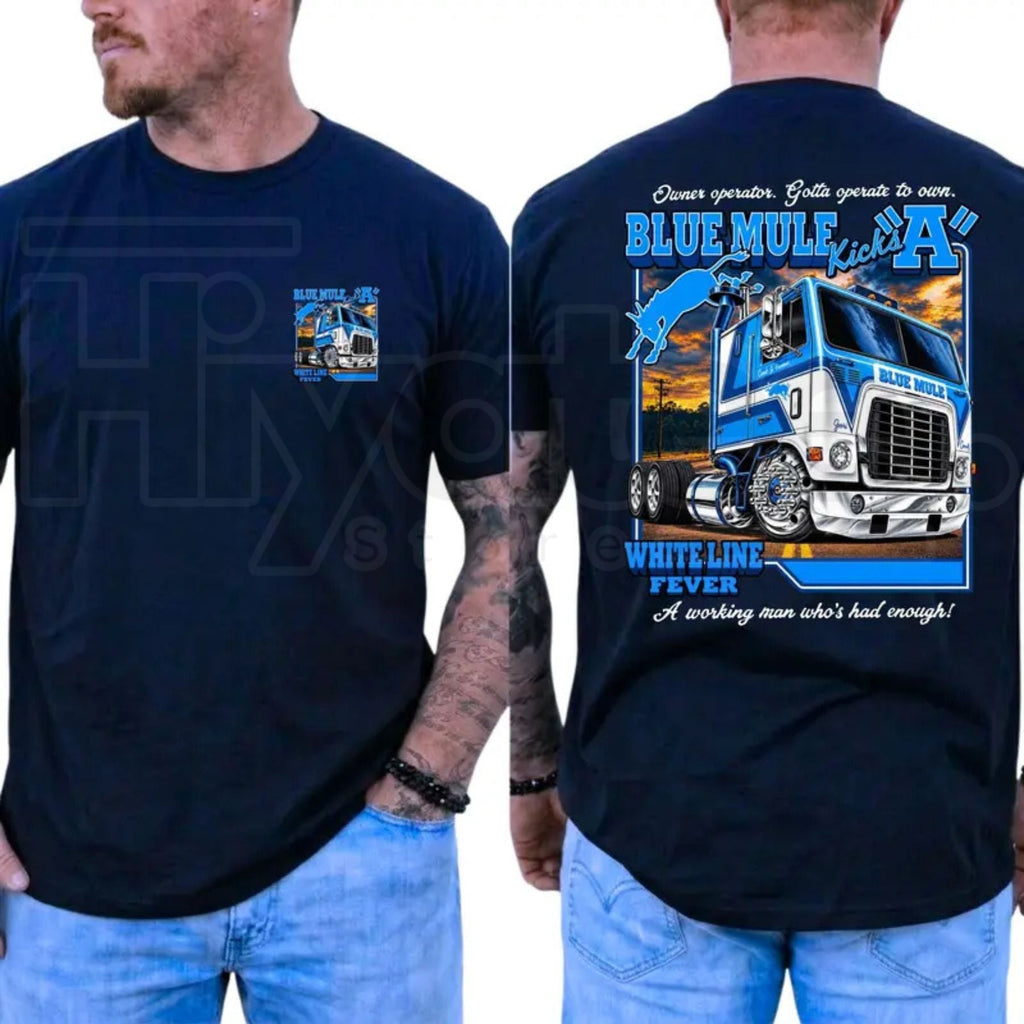 Blue Mule White Line Fever T-Shirt – Trucker Country Band Graphic Tee