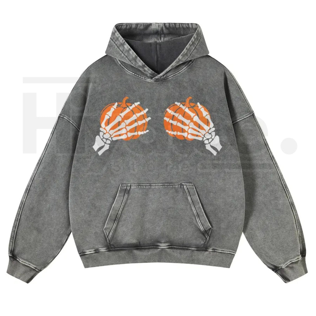 Skeleton Hands Holding Pumpkin Hoodie – Playful Gothic Halloween Aesthetic