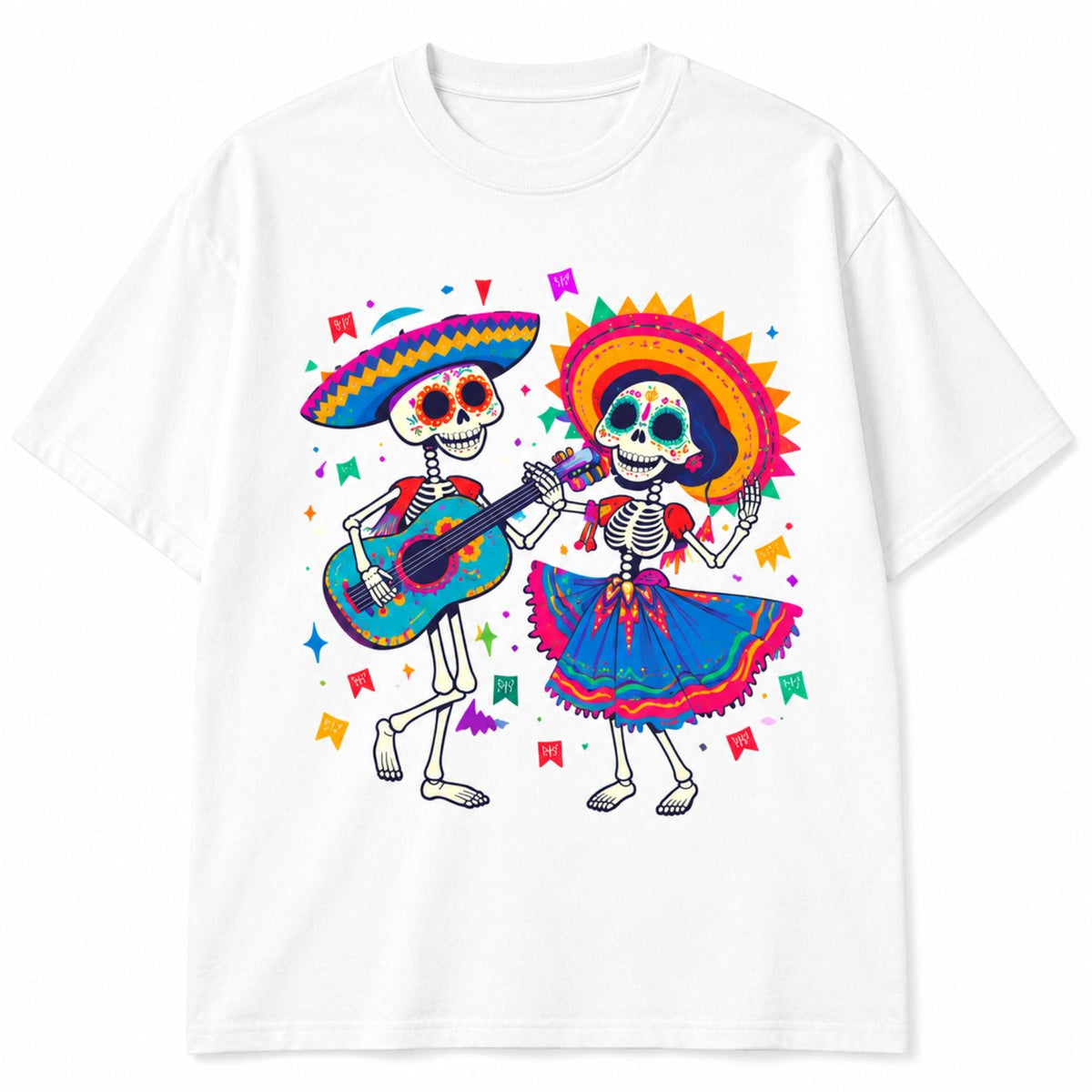 Vibrant Folk Art Skeleton Dance T-Shirt – Colorful Skull & Guitar Spring Summer Graphic Tee