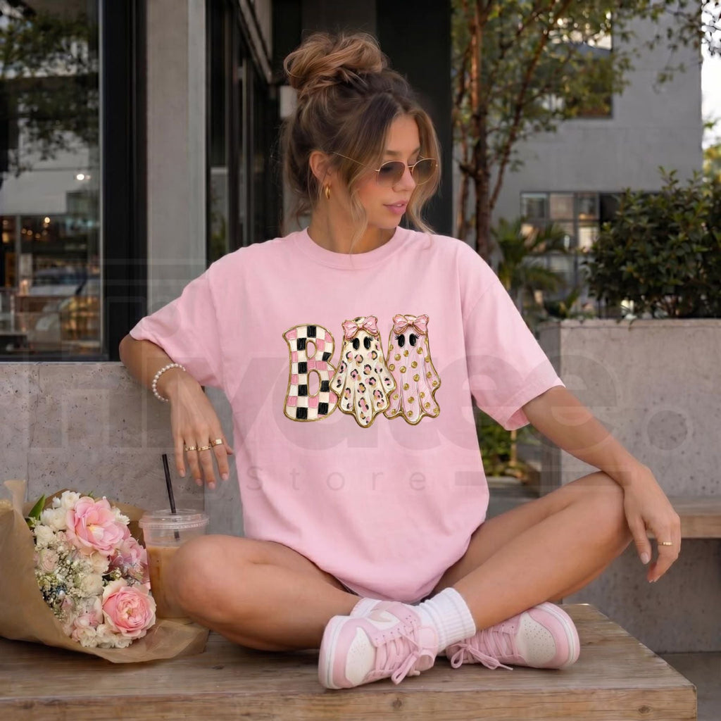 Girly Ghost Boo T-Shirt – Glam Preppy Coquette Bow Halloween Graphic Tee