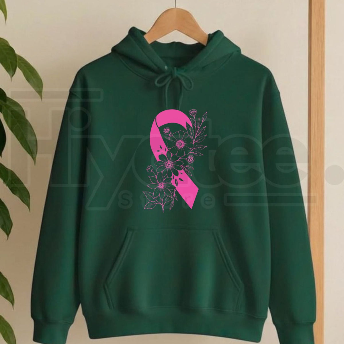 Breast Cancer Ribbon with Flowers Pullover Hoodie – Floral Hope & Awareness Floral Graphic Sweatshirt