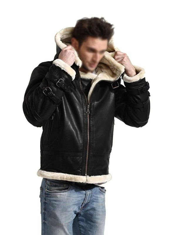 Men's Black Hooded B3 Leather Jacket