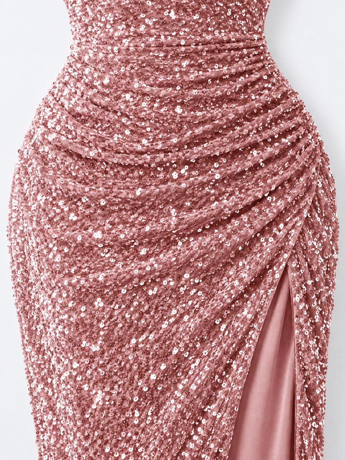 One-Shoulder Ruched Sequin High-Slit Evening Dress