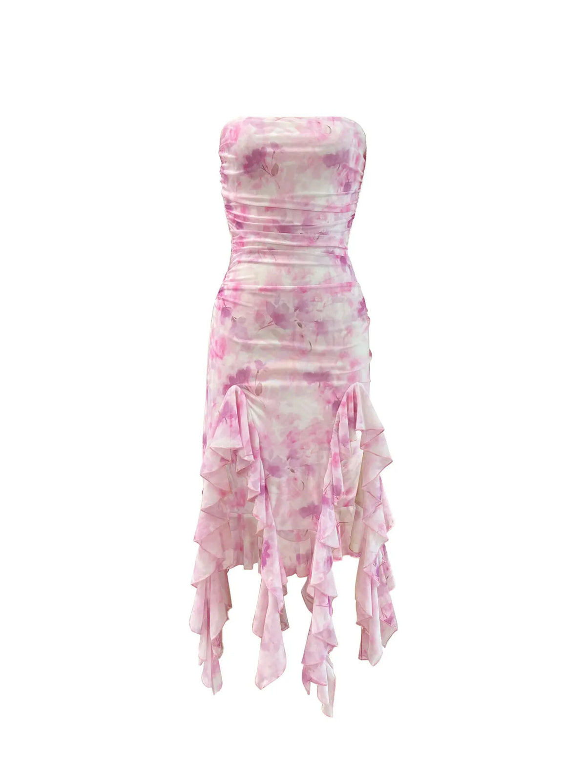 Tie-Dye Strapless Ruffle Hem Dress