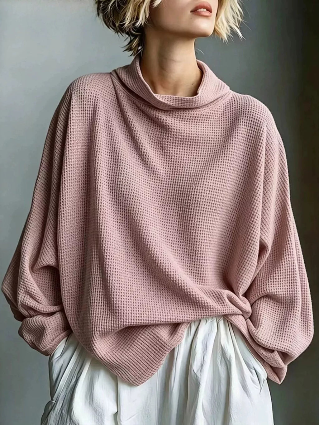 Full Size Oversized Waffle Knit Mock Neck T-Shirt Plus Size