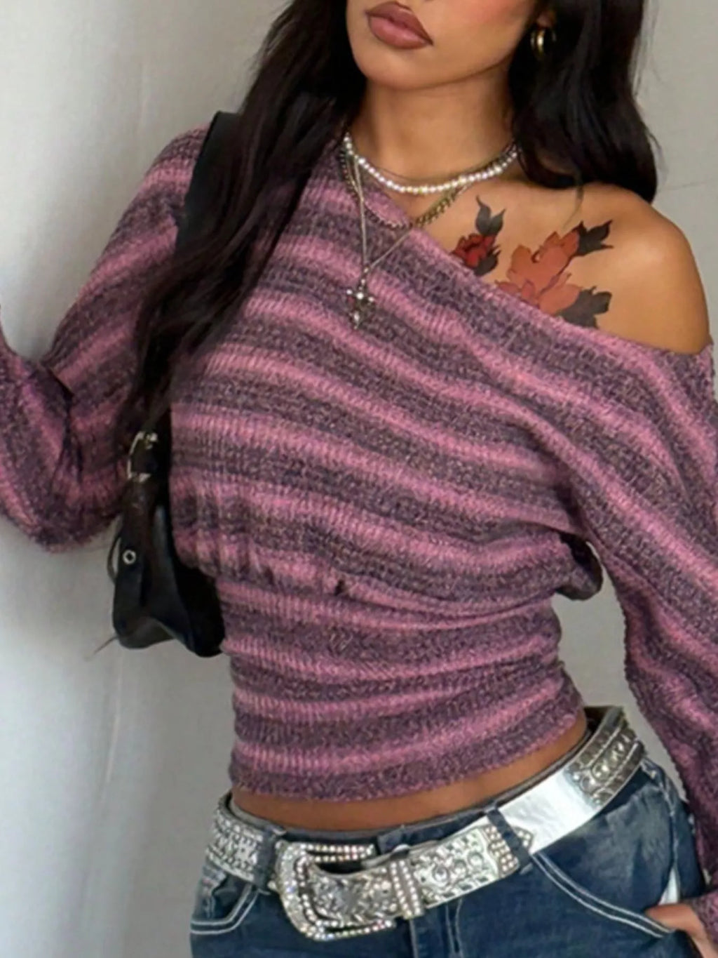 Off-Shoulder Striped Cropped Knit Top