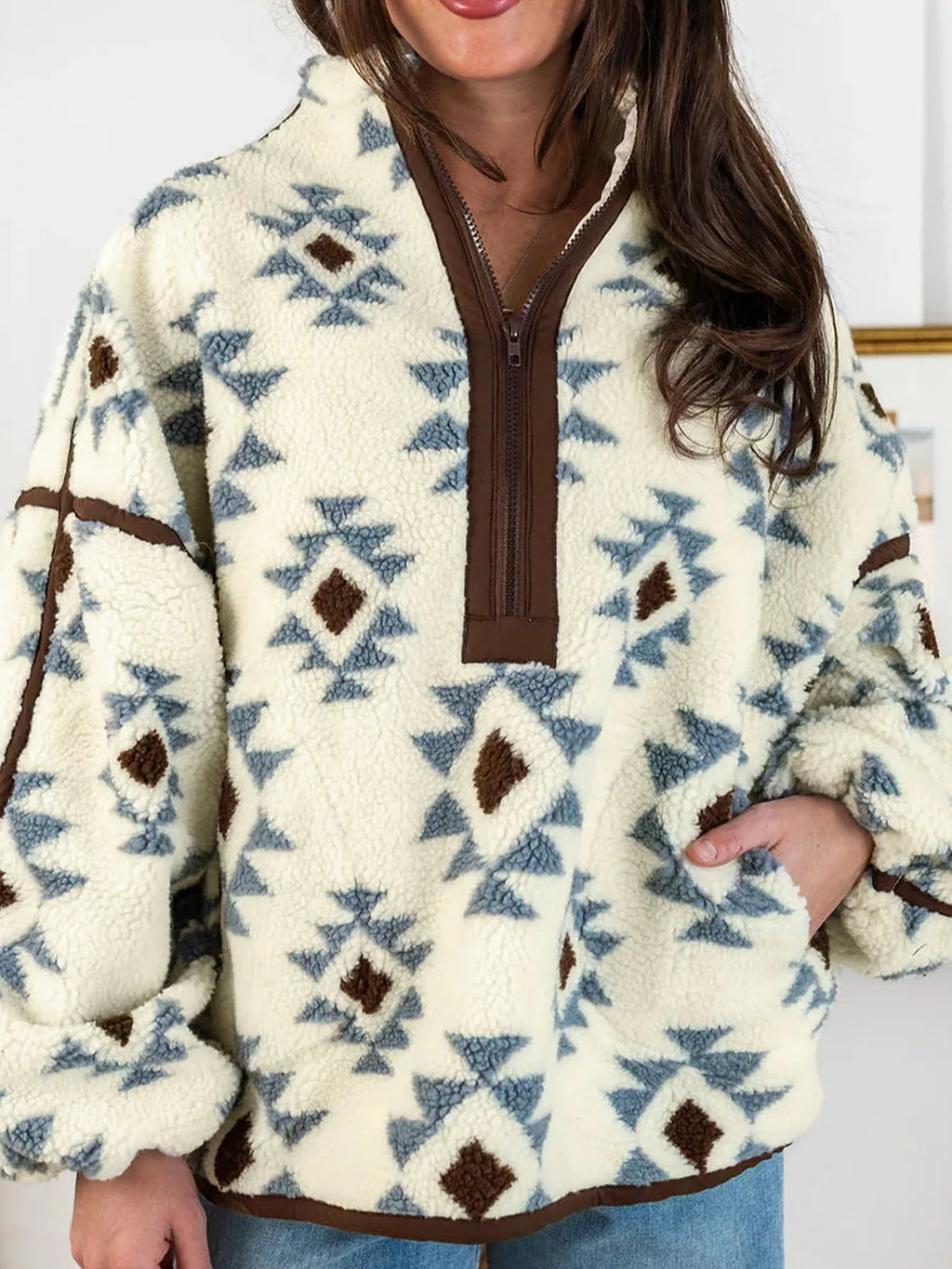 Geometric Print Sherpa Western Style Long Sleeve Sweatshirt