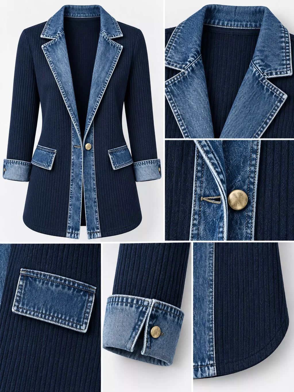 Full Size Denim Trim Ribbed Knit Cardigan Plus Size