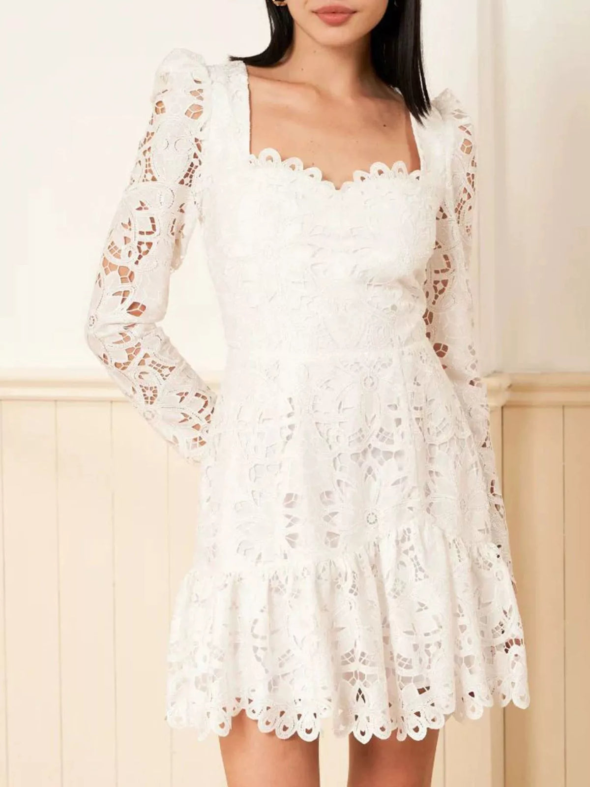 Lace Long-Sleeve Mini Dress with Scalloped Neckline