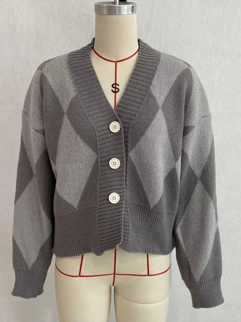 Argyle Pattern V-Neck Button-Down Cardigan