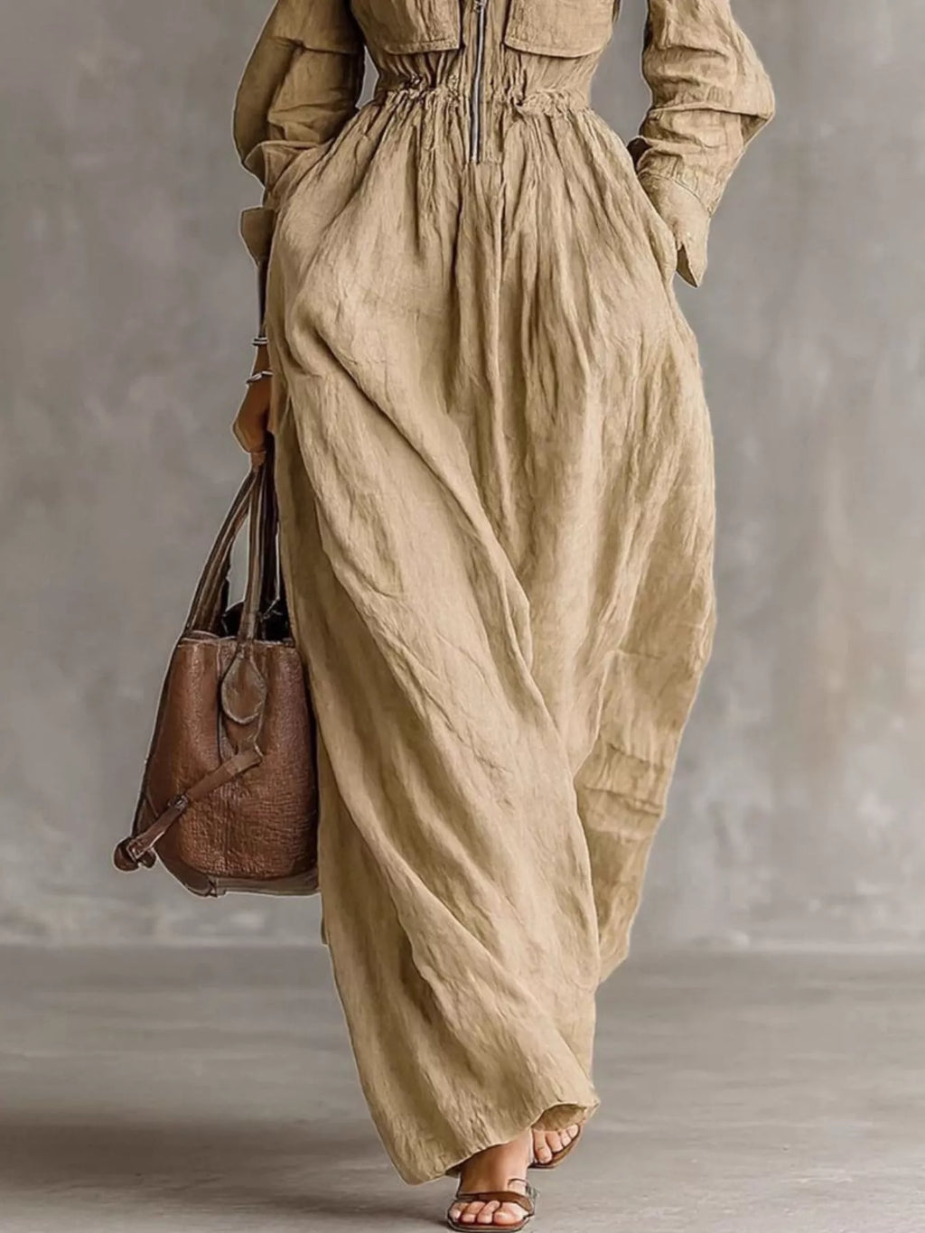 Zip-Front Long Sleeve Maxi Shirt Dress